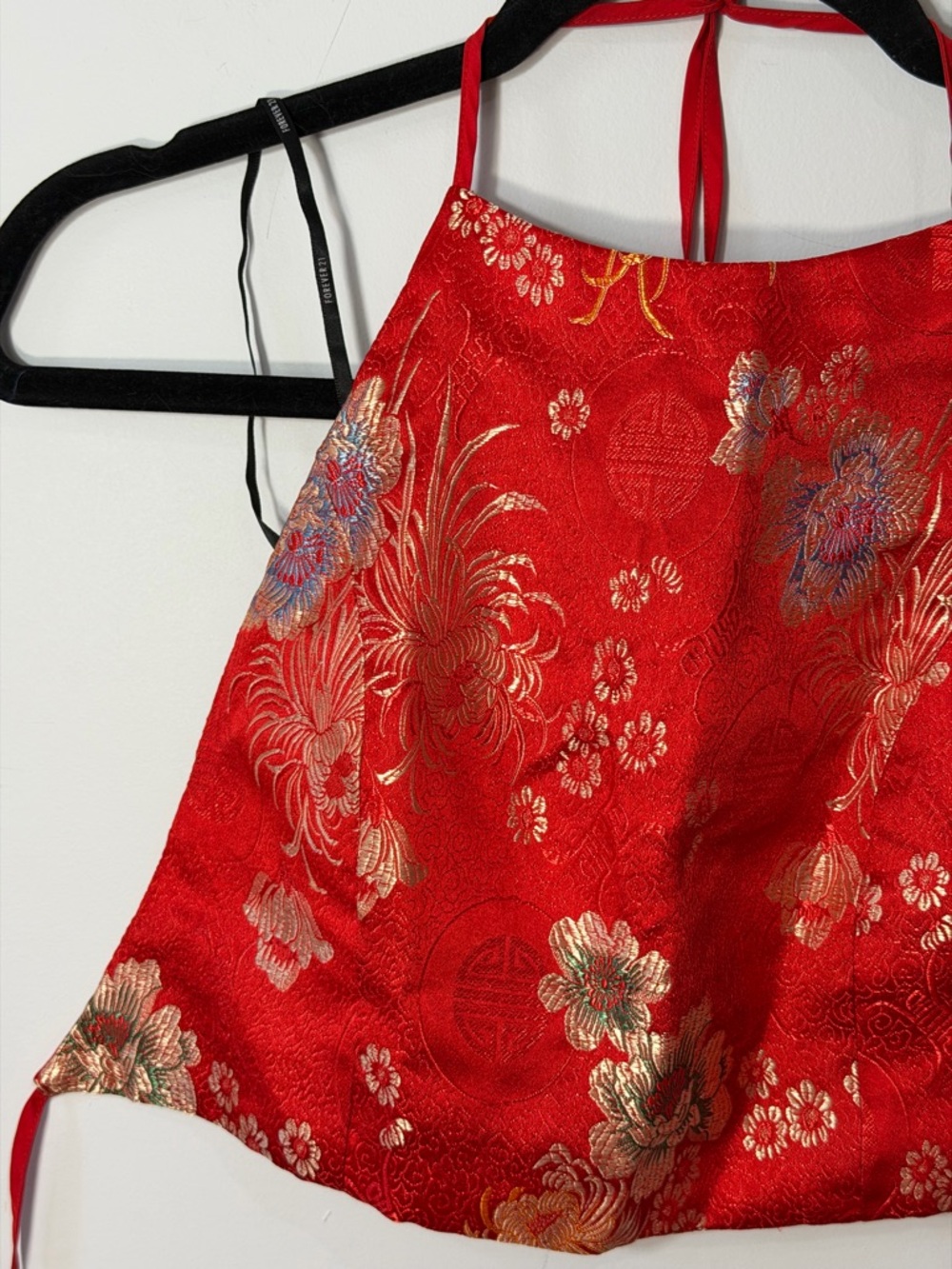 Forever 21 Red Floral Brocade Halter Crop Top